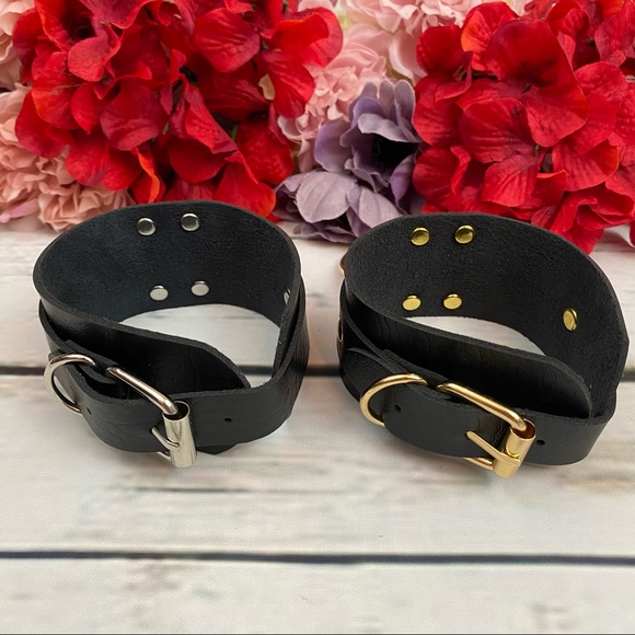 Punk Gothic Black Vegan Leather Metal Ring Bracelet - Picture 8 of 16